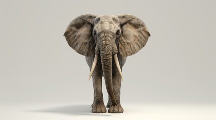 A large elephant stands in the middle of a white background. The elephant is facing the viewer with a serious expression on its face. - obrazy, fototapety, plakaty