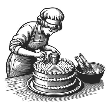 recommend clip art: Woman confectioner cake baking hand-icing kitchen utensils and ingredients. Sketch line art engraving generative ai raster illustration. Scratch board imitation. Black and white image.