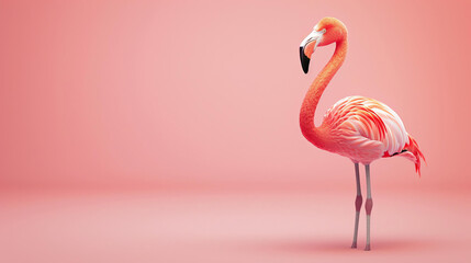 A beautiful pink flamingo stands in front of a pink background. The flamingo is looking to the left of the frame.