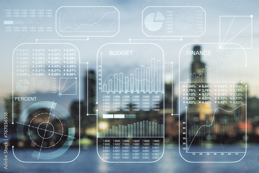 Poster Multi exposure of stats data illustration on blurry skyline background, computing and analytics concept