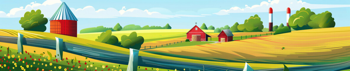 Farm landscape. Panoramic illustration of a serene rural farm landscape with rolling hills, colorful fields, red barns, and a traditional silo generative ai raster illustration.  - obrazy, fototapety, plakaty