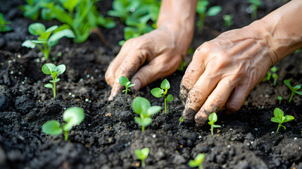 Hands planting young seedlings in fertile soil, nurturing a home garden. - obrazy, fototapety, plakaty