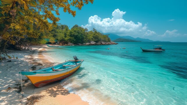   A sandy beach with a boat anchored on it and a boat bobbing in the water