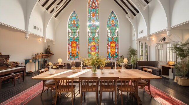 Converted church dining room with original stained glass windows vaulted beamed ceilings and vintage chandeliers.