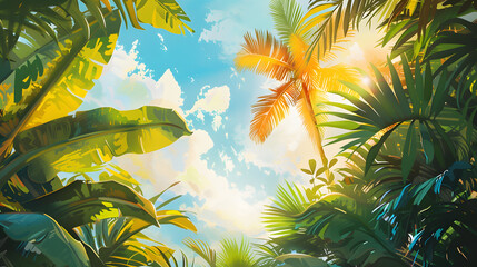 Tropical foliage illuminated by golden sunlight against a vivid blue sky, evoking paradise.