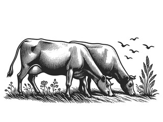  cows grazing peacefully among wildflowers and grass sketch engraving generative ai fictional character raster illustration. Scratch board imitation. Black and white image.