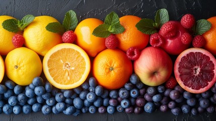   A row of colorful fruits sits on a dark platform, featuring blueberries, oranges, raspberries, lemons, and raspberries