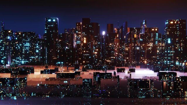 Night city with glowing tall buildings and skyscrapers. 4K render