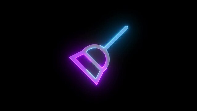 Neon broom icon cyan purple color glowing animation black background