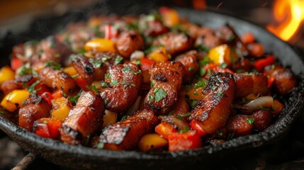   Close-up image of a frying pan with sausages and vegetables against a fiery backdrop