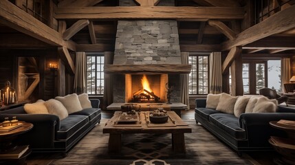 Cozy alpine ski chalet with heavy wood beams stone fireplaces and sheepskin accents. - obrazy, fototapety, plakaty
