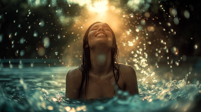 Young woman swims naked in a natural pool