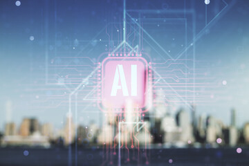 Creative artificial Intelligence symbol hologram on blurry skyscrapers background. Double exposure