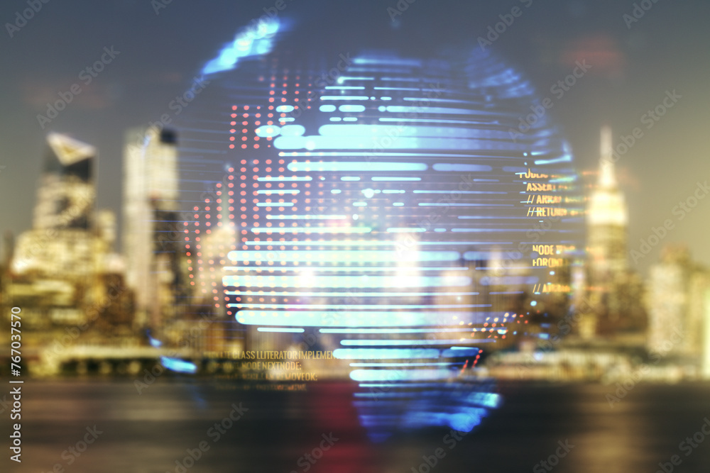 Poster multi exposure of abstract graphic coding sketch and world map on blurry skyscrapers background, big