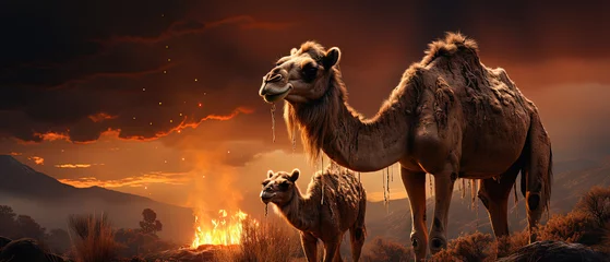Foto op Canvas a two camels standing in a field with a fire in the background © Masum