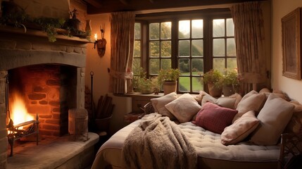 Cozy English cottage filled with charming nooks and window seats. - obrazy, fototapety, plakaty