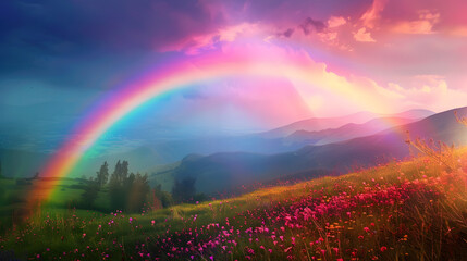 An ideal setting for inspirational themes, this serene landscape bursts with vibrant rainbow colors.