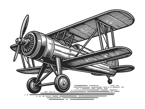 recommend clip art: biplane vintage plane, reminiscent of early aviation history sketch engraving generative ai raster illustration. Scratch board imitation. Black and white image.