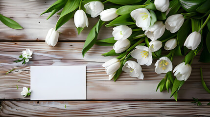 White first spring flowers on wooden background with card,mock up.Generative AI