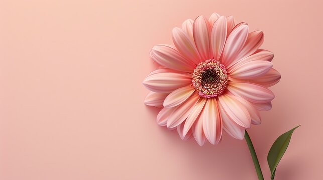 Light pink gerbera flower in full bloom on a solid pink background. The petals are slightly curled and the edges are a deeper shade of pink.
