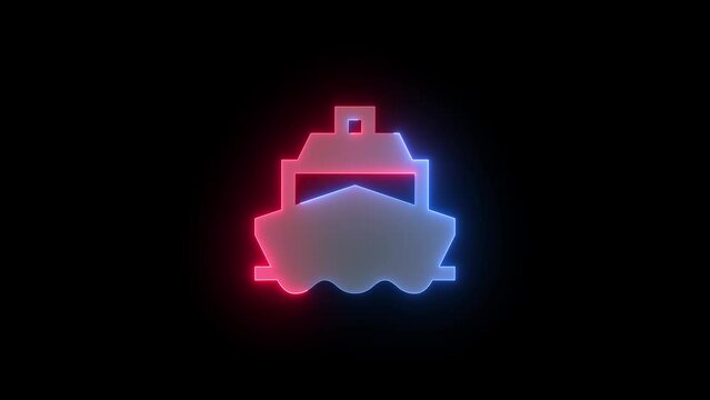 Neon ferry boat icon blue red color glowing animation black background