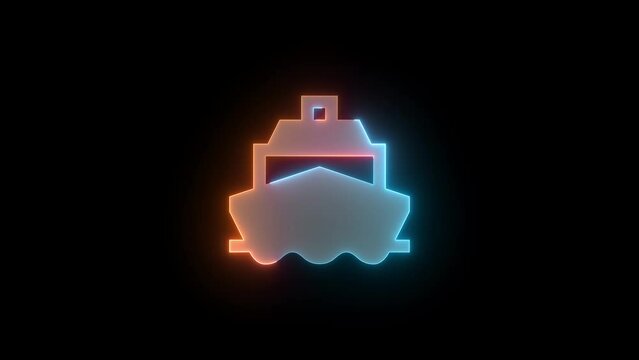 Neon ferry boat icon brown cyan color glowing animation black background
