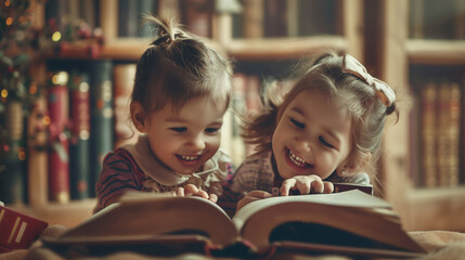Two children are reading a book together in a library. They are smiling and enjoying the story.