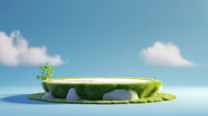 3D round grassy platform island with summer green lawn on the background of a light blue sky with clouds. 3D rendered stone podium with green grass