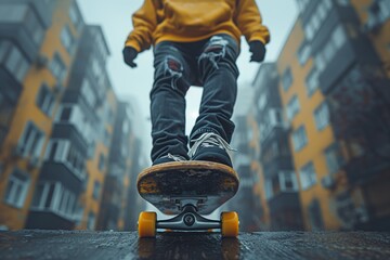Leg in denim sleeve rolling on skateboard in city street - Powered by Adobe