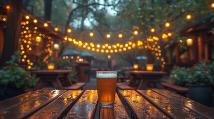   A wooden table holds a pint of beer amidst the forest's trees and twinkling lights