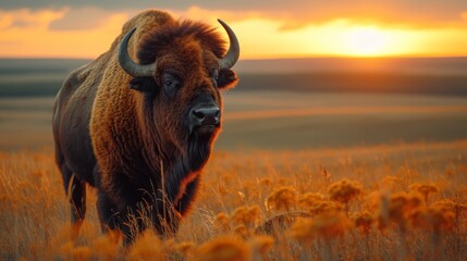   Bison in a field of tall grass at sunset - obrazy, fototapety, plakaty