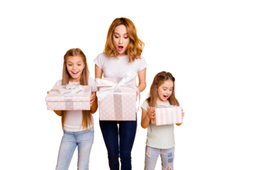 Portrait of three nice cute lovely winsome attractive cheerful positive curious impressed funny people holding in hands boxes great day isolated over bright vivid shine yellow background