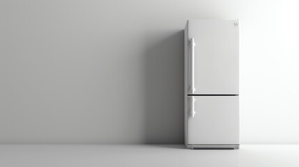 A minimal render of a white refrigerator against a matching white background.