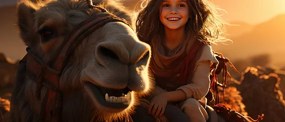 Keuken spatwand met foto a with a woman sitting on a camel in a field © Masum