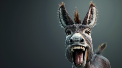 A closeup of a donkey's face. The donkey has its mouth wide open and is laughing. Its ears are perked up and its eyes are wide open. - Powered by Adobe