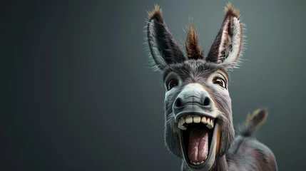 Zelfklevend Fotobehang A closeup of a donkey's face. The donkey has its mouth wide open and is laughing. Its ears are perked up and its eyes are wide open. © Design