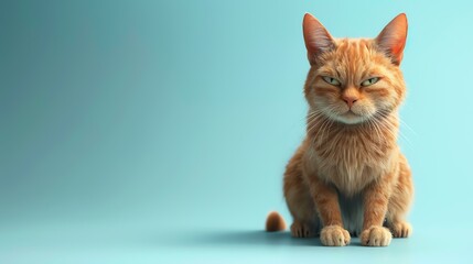 A ginger cat is sitting on a blue background. The cat is looking at the camera with a curious...