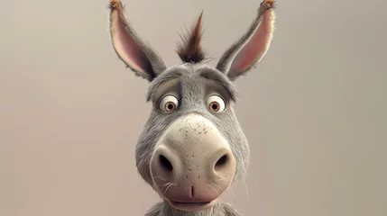 Rolgordijnen 3D rendering of a cute and funny donkey with big eyes and a surprised expression on its face. © Design