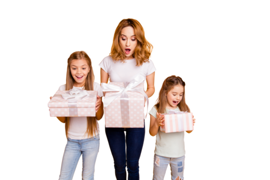 Portrait of three nice cute lovely winsome attractive cheerful positive curious impressed funny people holding in hands boxes great day isolated over bright vivid shine yellow background