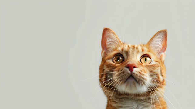 A ginger cat looking up with wide eyes. The cat has a curious expression on its face and is looking at something off-camera.