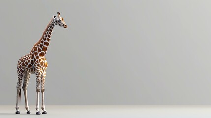 Image of a tall giraffe standing on a solid off-white background. The giraffe is standing in profile with its long neck stretched upward.