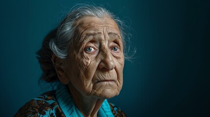 Thoughtful elderly woman looking away, closeup portrait on dark blue background.