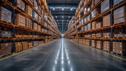   A vast warehouse brimming with numerous boxes on countless shelves
