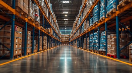 Fototapeta premium A spacious warehouse brimming with numerous tall shelves, holding various box types