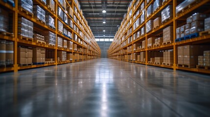   A massive warehouse packed with numerous shelves, each brimming with countless boxes