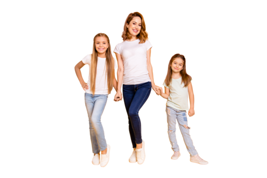 Full length body size view portrait of three nice cute attractive adorable stylish healthy slim cheerful people holding hands mum mommy isolated over bright vivid shine yellow background - Powered by Adobe