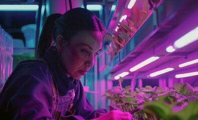 A  young woman  scientist carefully examines plants growing on a vertical rack  hydroponic farm. An agricultural technician works on a tablet. Analyzes the growth and condition of seedlings.