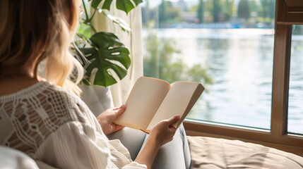 A woman is holding a blank book while sitting on a couch with a view of a lake. Concept of relaxation and tranquility, as the woman enjoys her book in a peaceful setting. Evening time.