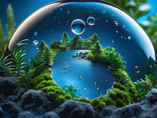 Abstract illustration of planet Earth in a drop of clear blue water as a symbol of environmental protection