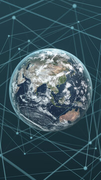This image features a full view of Earth encased in a complex digital network, representing the interconnected nature of modern technology.
